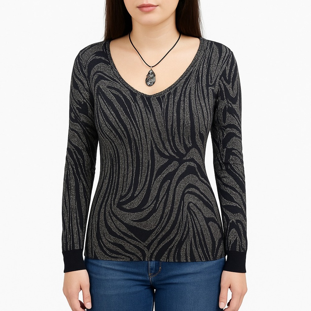 BKE Eased Womens L Metallic Black Silver Zebra Print V-Neck‎ Long Sleeve Top